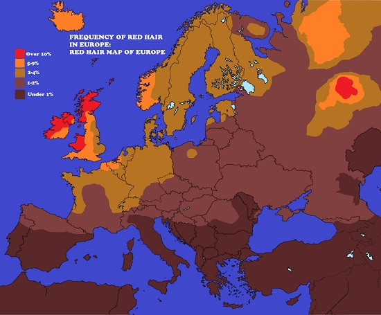 Mapa de incidencia de pelirrojos en el mundo. 